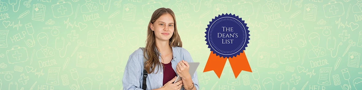 Female student holding mini laptop with a Deans List Ribbon foreground and chalkboard background