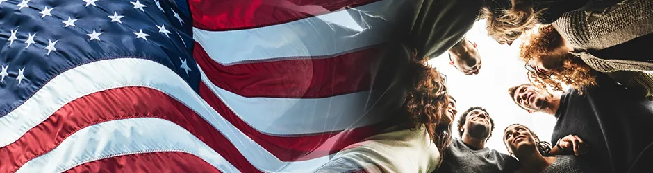 Federal Pell Grants College students huddle with United States flag background