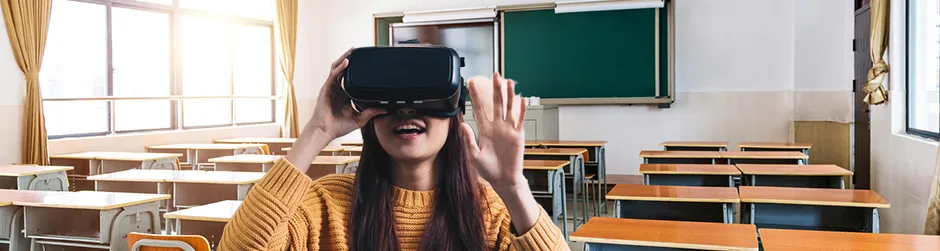 female college student gamer with VR headset