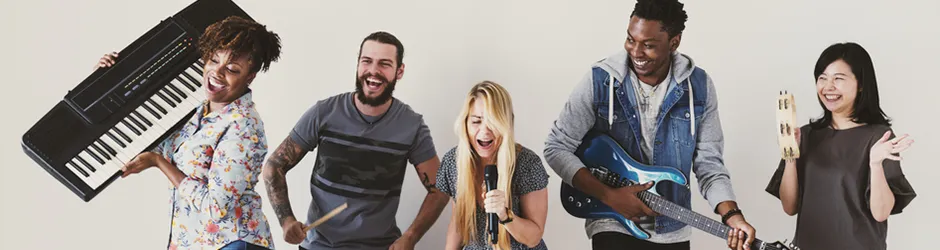 Five college students with musical instruments